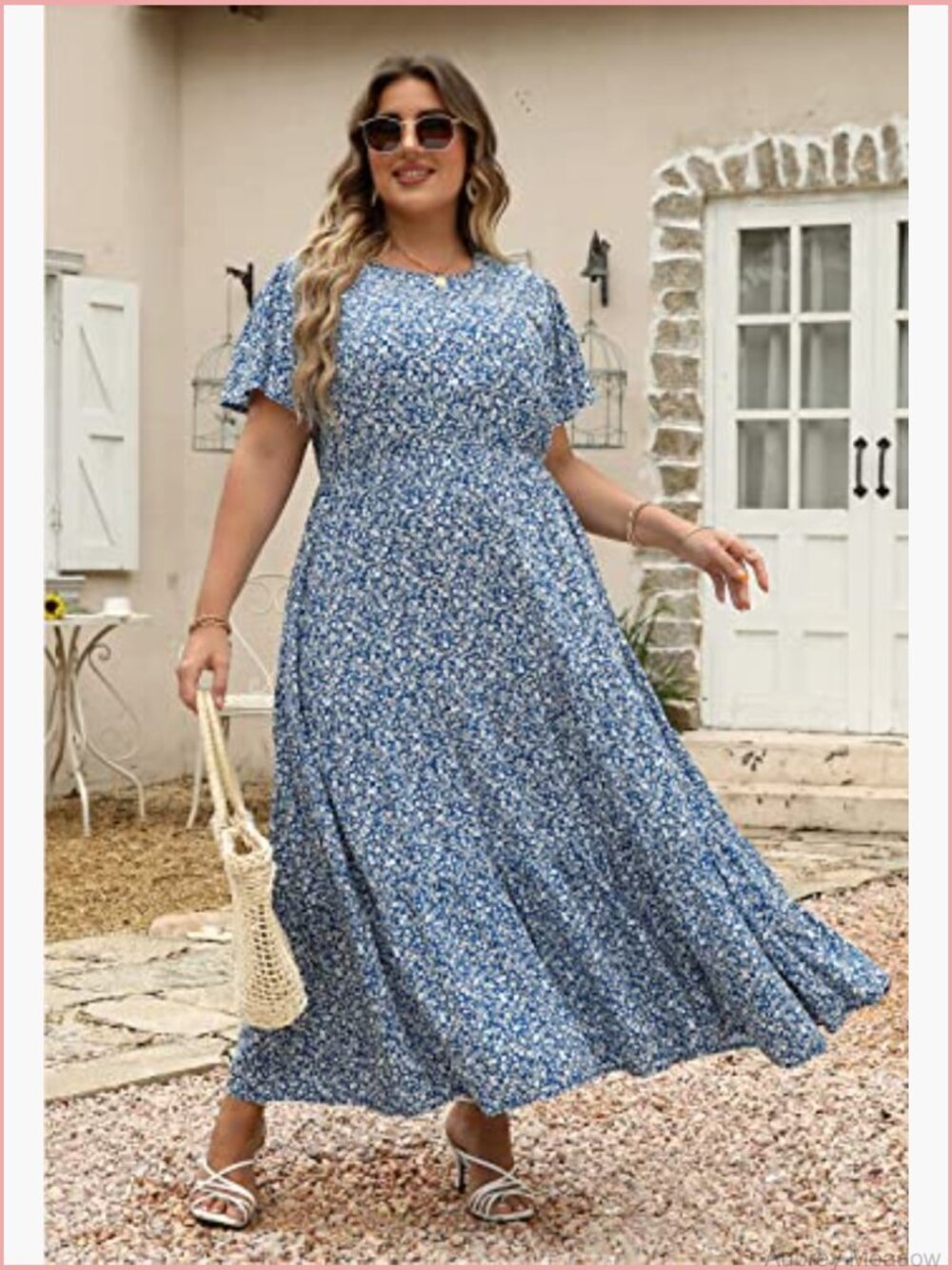 Plus Size Maxi Dress Bohemian Floral Print Layered Flared Long Dress with - Picture 2 of 7